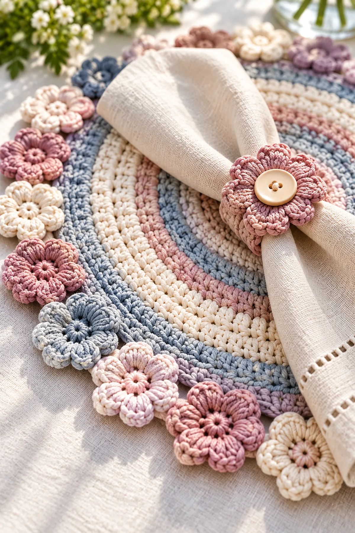Close-up of dimensional flower scallop edge and buttoned flower napkin ring