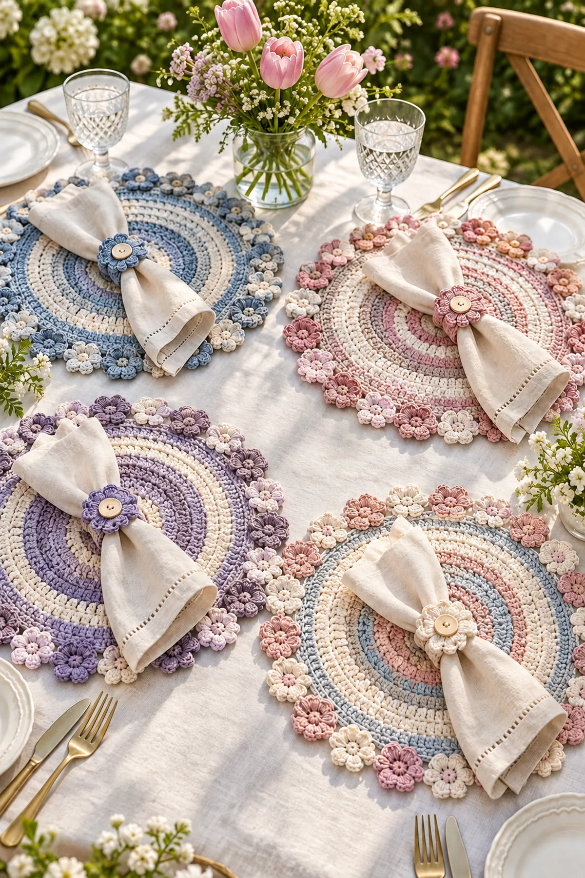 Complete flowering crochet placemat set styled for four spring table settings