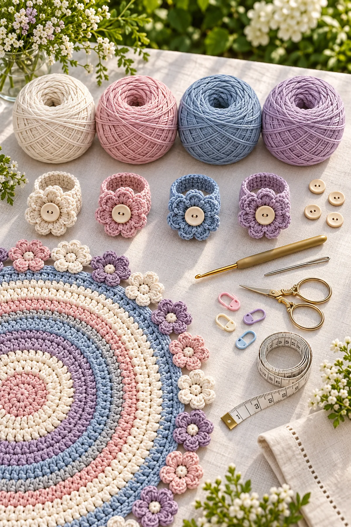 Pearl blush blue and lilac worsted cotton crochet hook buttons markers needle scissors and blocking pins