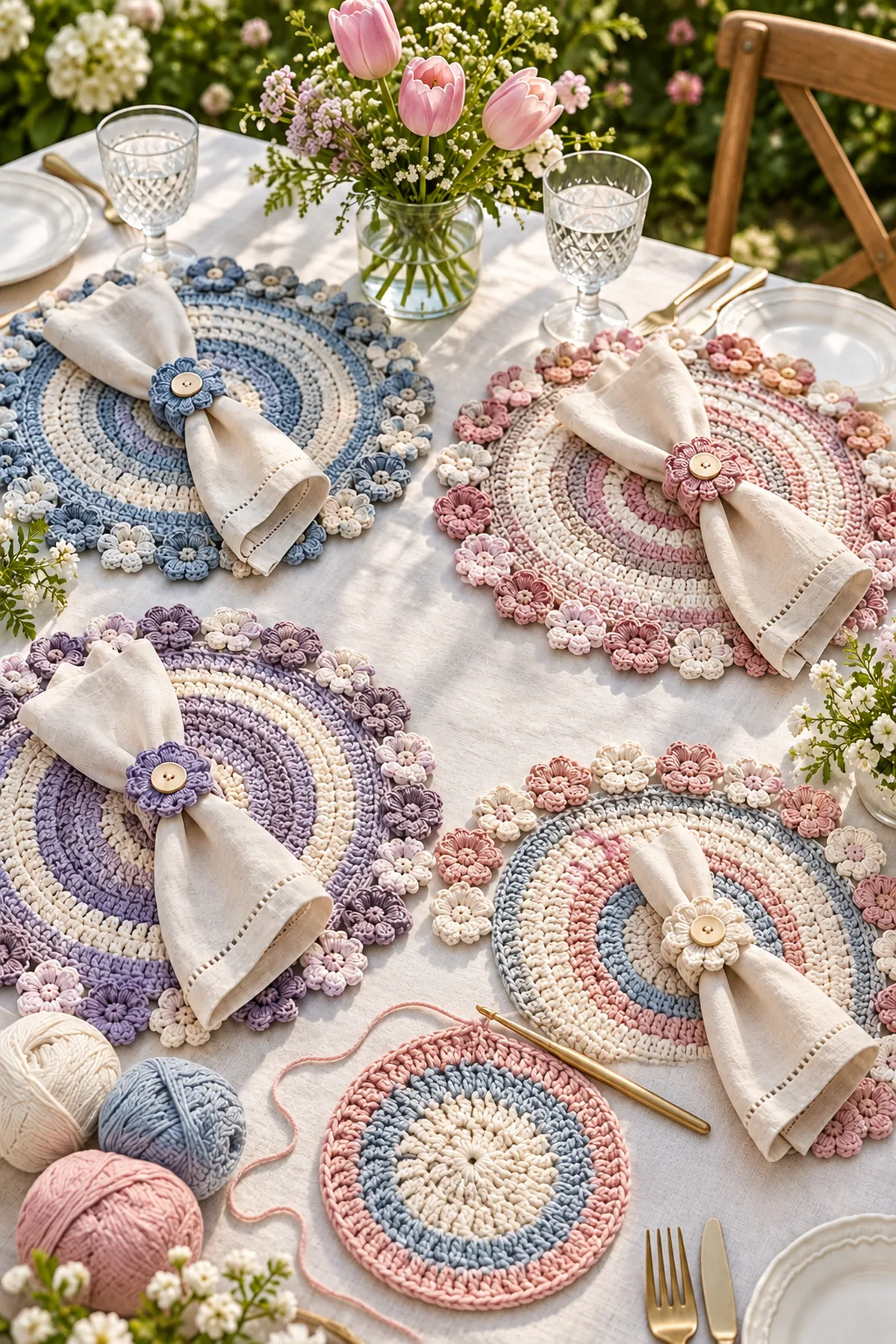 Round pearl and blush crochet placemat after the first five color-band rounds