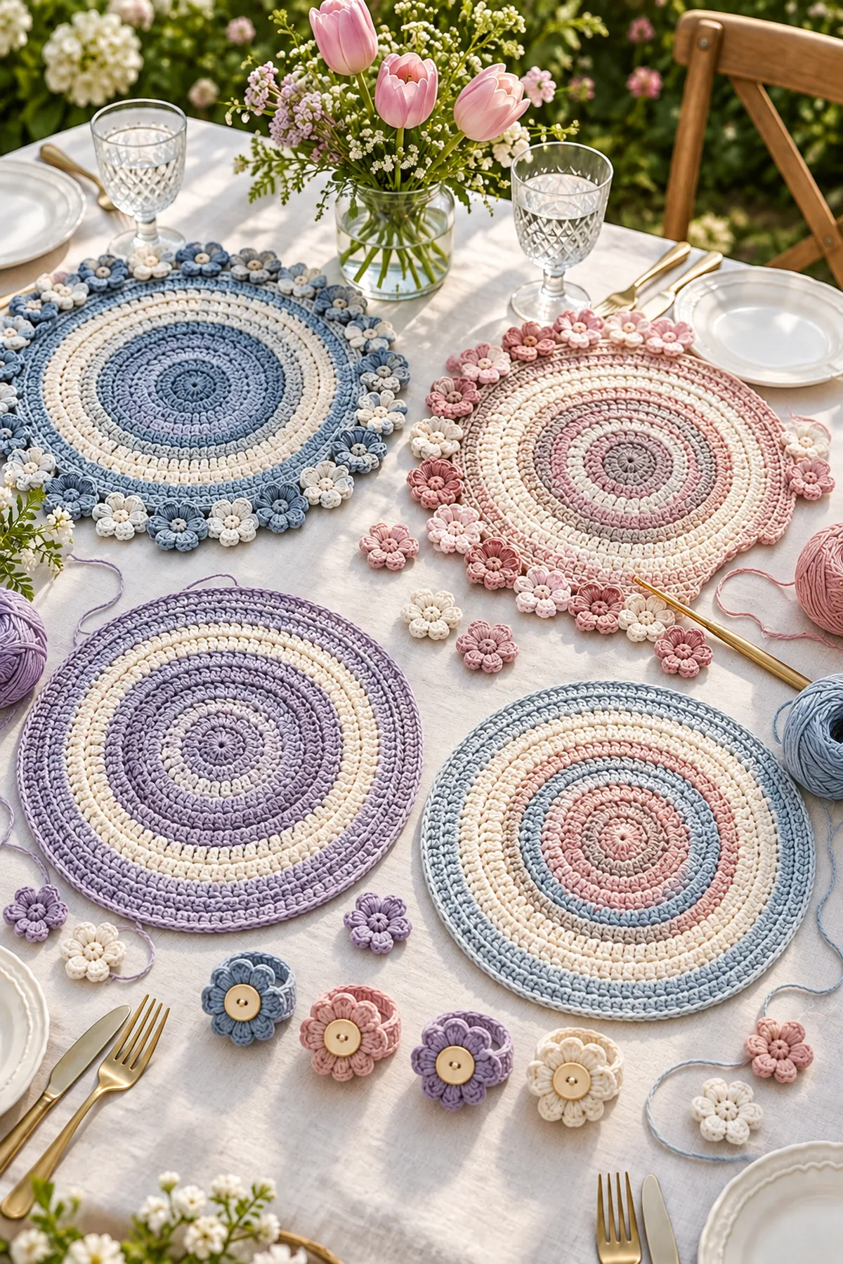 Four partly completed round placemats showing different coordinated color-band orders