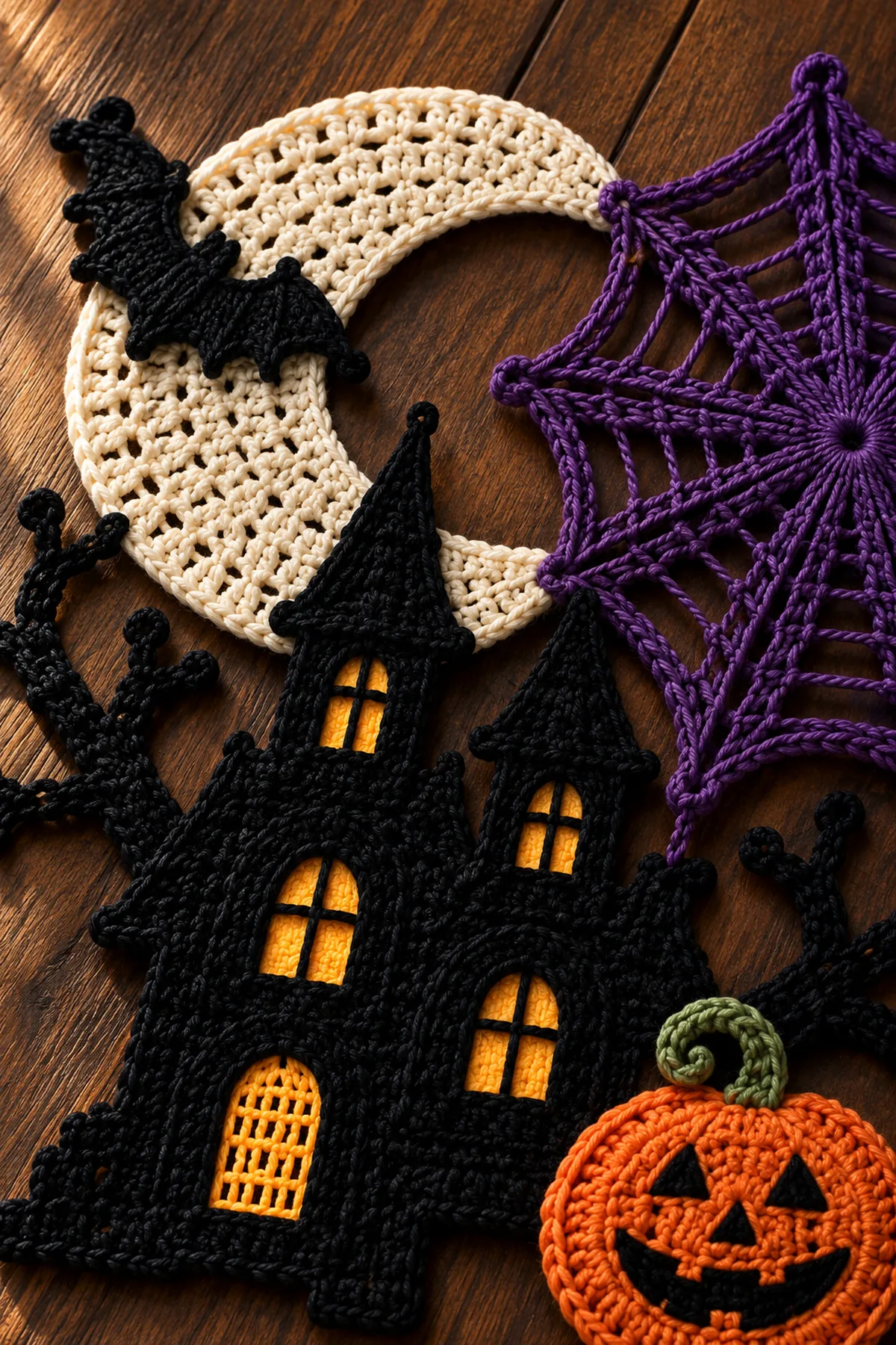 Close-up of crochet haunted house glowing window crescent moon web and pumpkin details