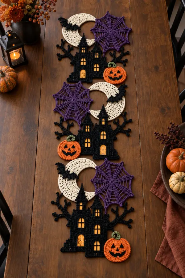 Finished haunted moon crochet table runner with crescent moons spiderwebs houses and pumpkins