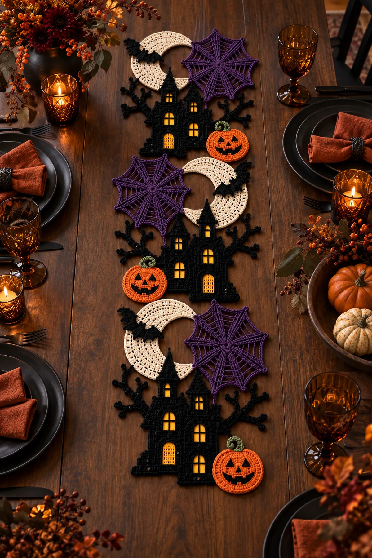 Haunted moon crochet table runner styled on a dark Halloween dining table