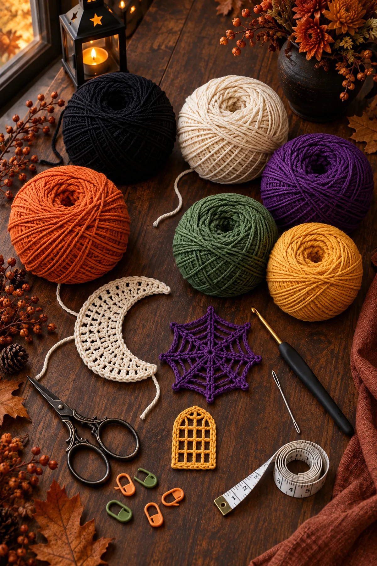 Black ivory purple orange green and gold cotton yarn with crochet tools and markers