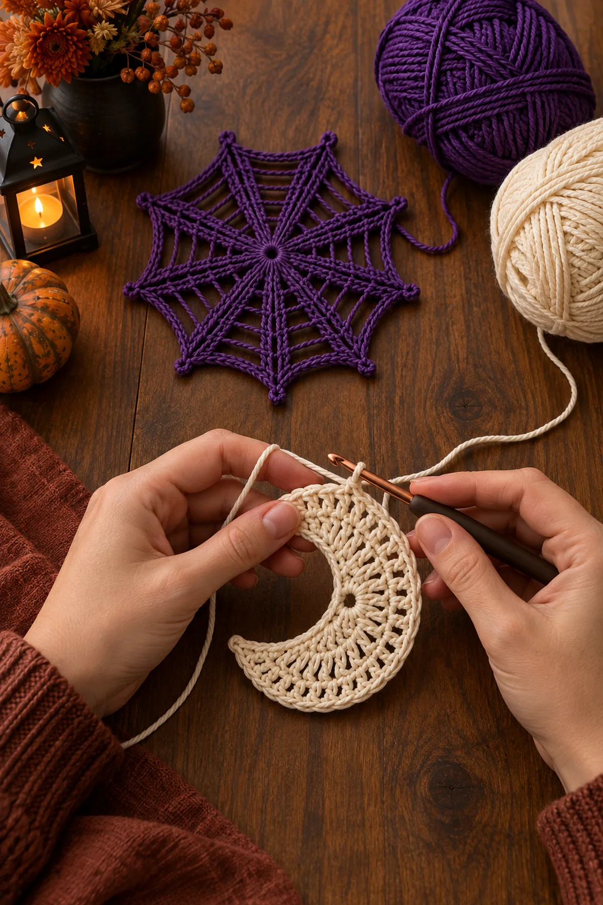Ivory crochet crescent moon and purple spiderweb motifs in progress