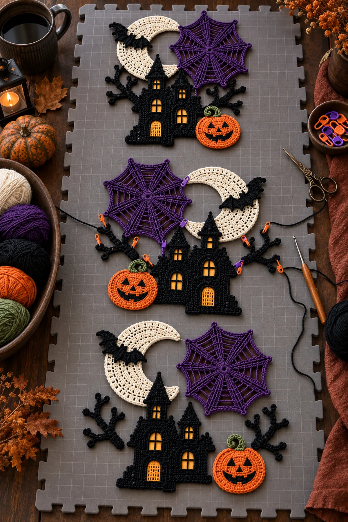 Three Halloween motif clusters arranged with haunted houses moons webs and pumpkins