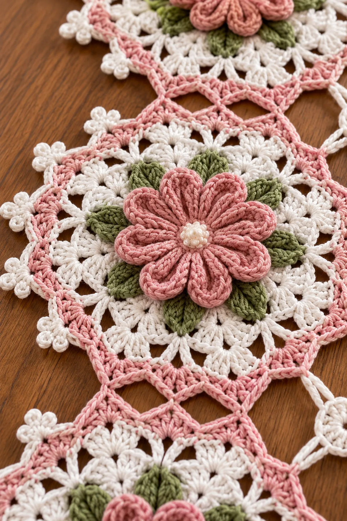 Close-up of dusty rose crochet flower sage leaves white lace arches and picot points