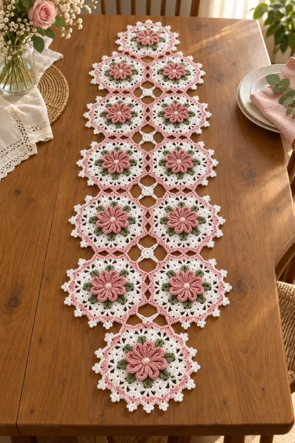 Finished blush and white lace medallion rose crochet table runner with dimensional flowers