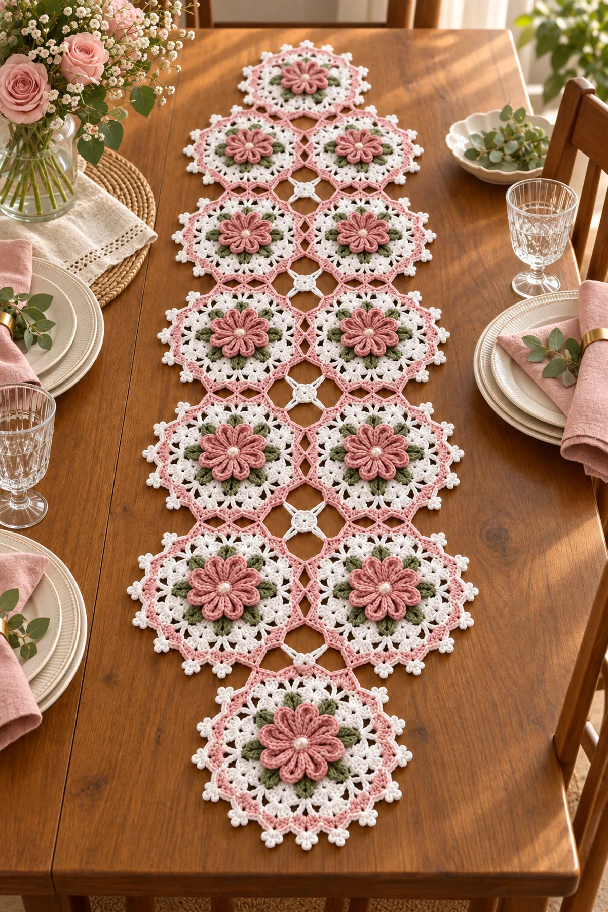 Lace medallion rose crochet table runner styled on a warm wood dining table