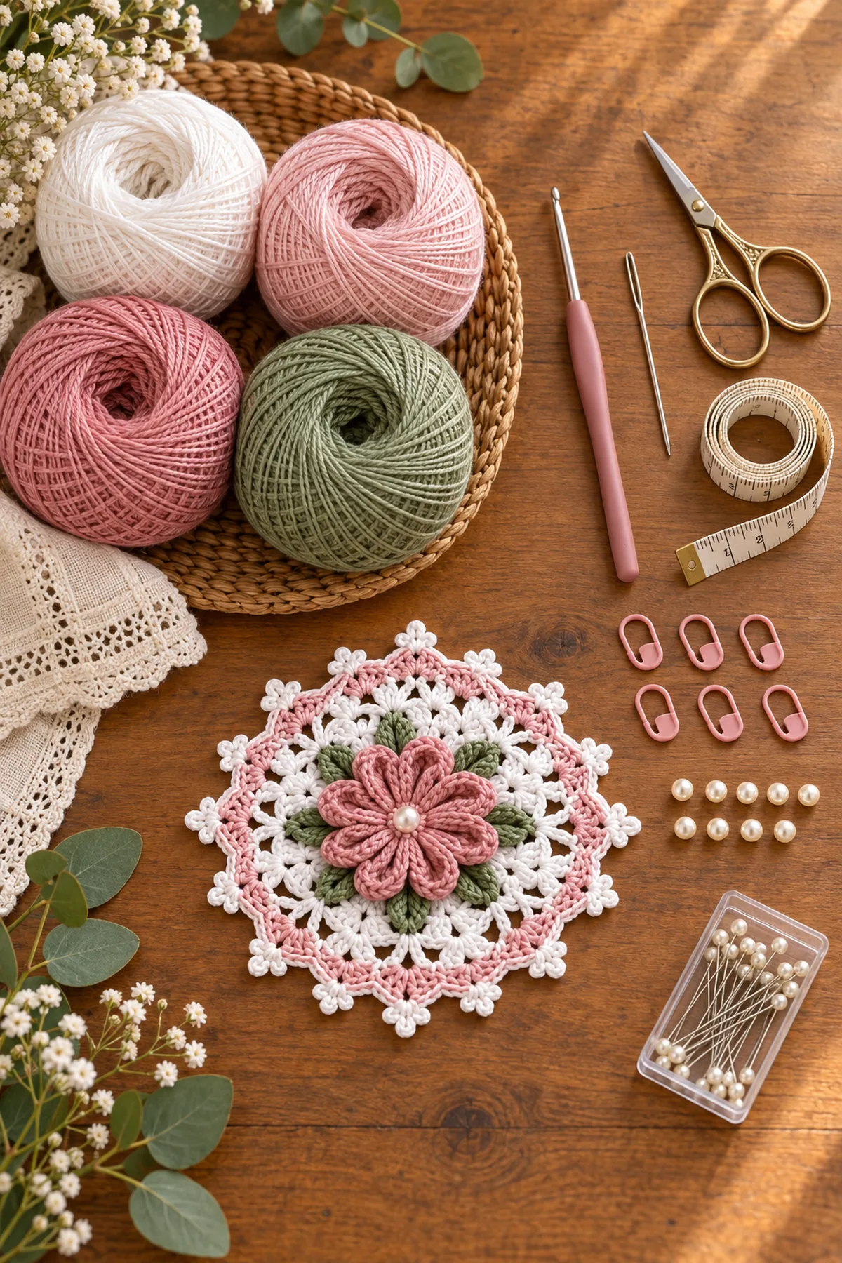 White blush dusty rose and sage cotton yarn with fine crochet hook markers and needle