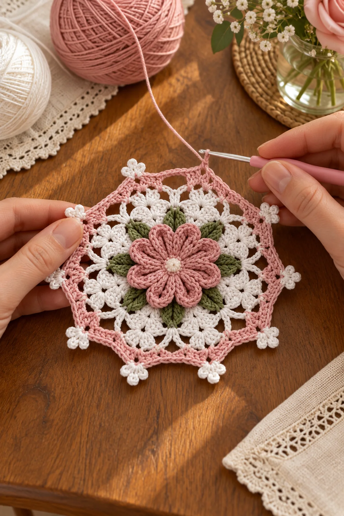 White and blush octagonal lace crochet medallion in progress