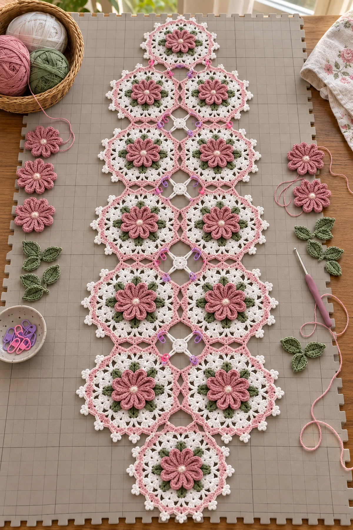 Ten rose lace medallions arranged in a tapered table runner layout
