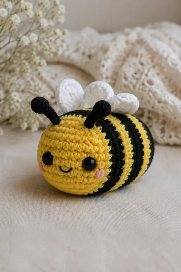Finished mini crochet bumblebee amigurumi displayed with a clean handmade finish