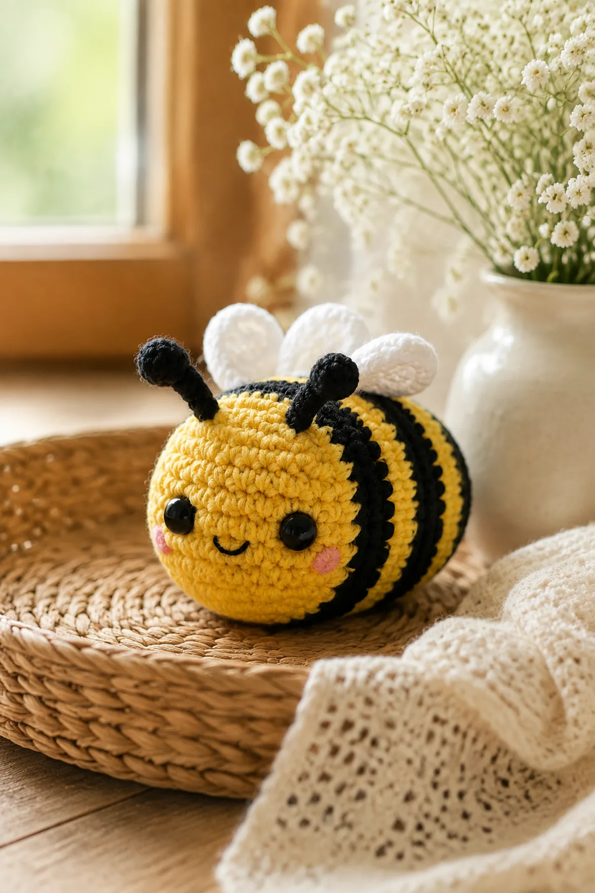 Finished mini crochet bumblebee amigurumi styled in a bright natural setting