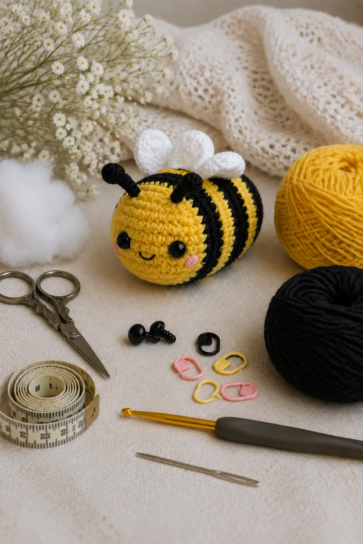 Yarn, crochet hook, stitch markers, yarn needle, tape measure, and scissors for mini crochet bumblebee amigurumi