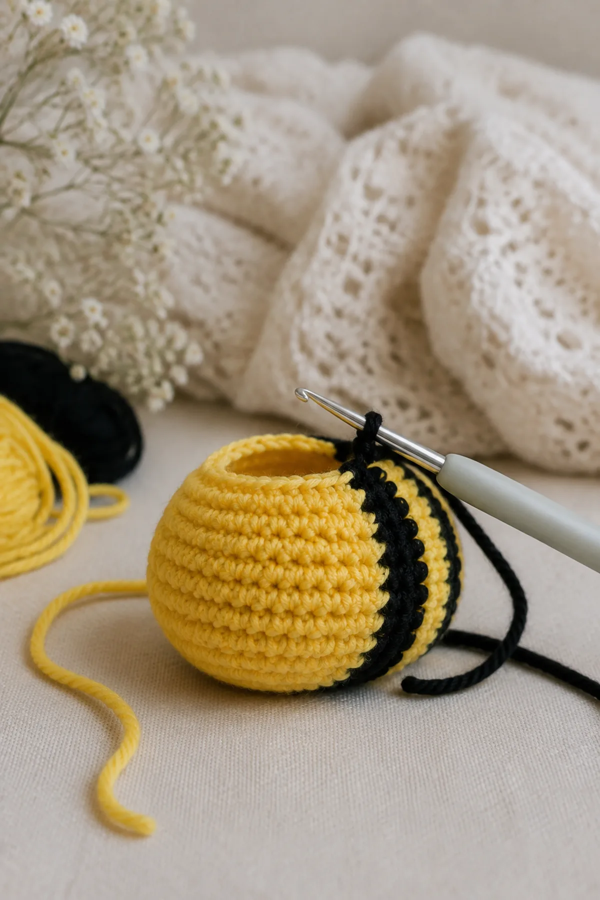 Early crochet construction stage for mini crochet bumblebee amigurumi with working yarn and hook