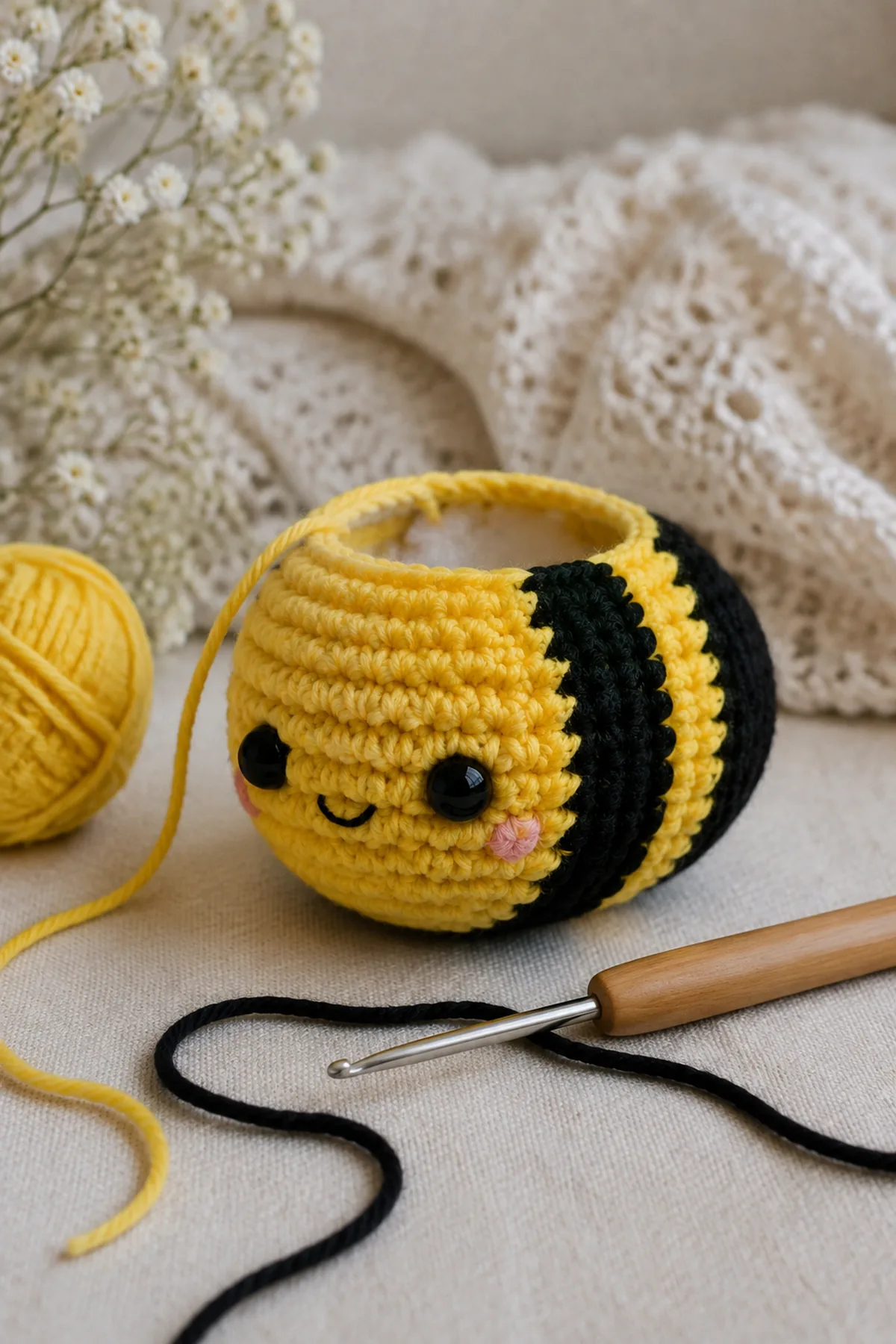 Mid-process crochet construction and shaping for mini crochet bumblebee amigurumi