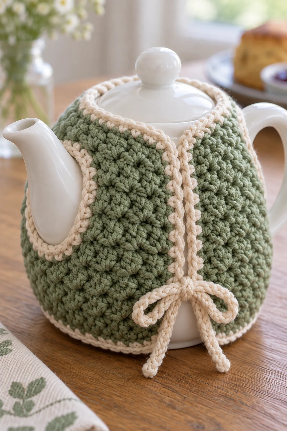 Close-up of stitch texture and finishing details on mini crochet tea cozy for one