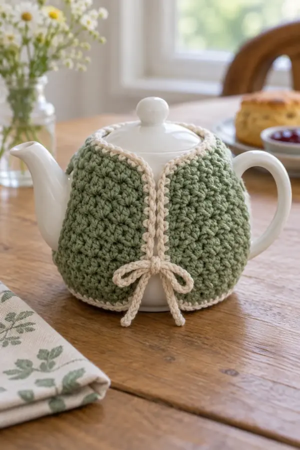 Finished mini crochet tea cozy for one displayed with a clean handmade finish