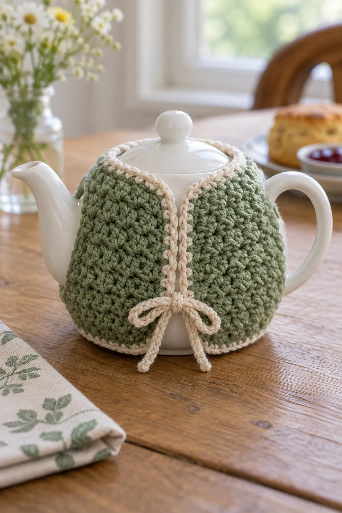 Finished mini crochet tea cozy for one displayed with a clean handmade finish