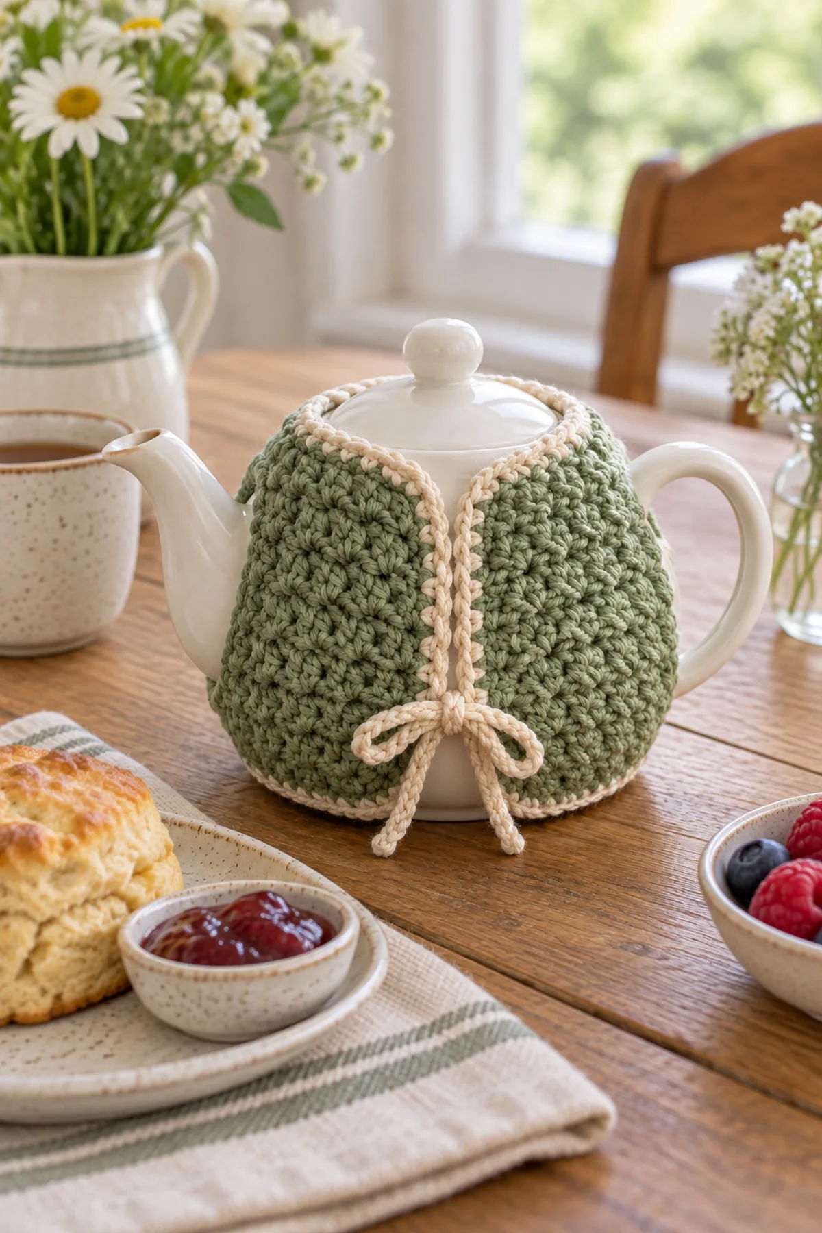 Finished mini crochet tea cozy for one styled in a bright natural setting