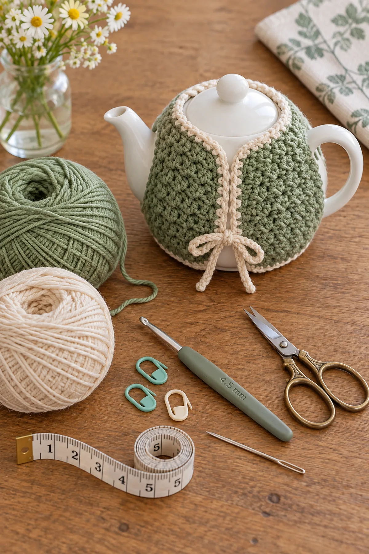 Materials for mini crochet tea cozy for one including yarn, crochet hook, markers, needle, tape measure, and scissors
