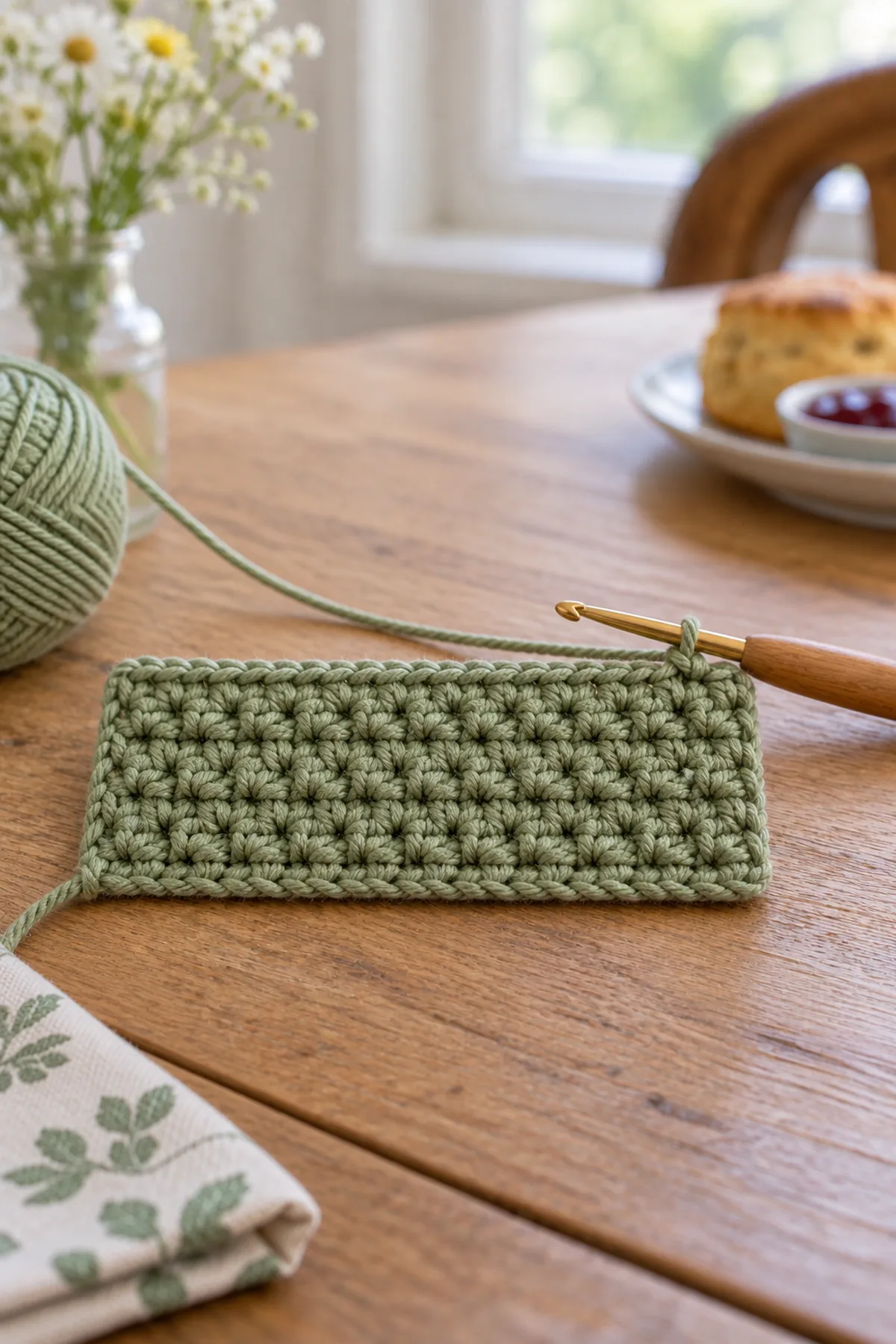 Early crochet construction stage for mini crochet tea cozy for one with working yarn and hook