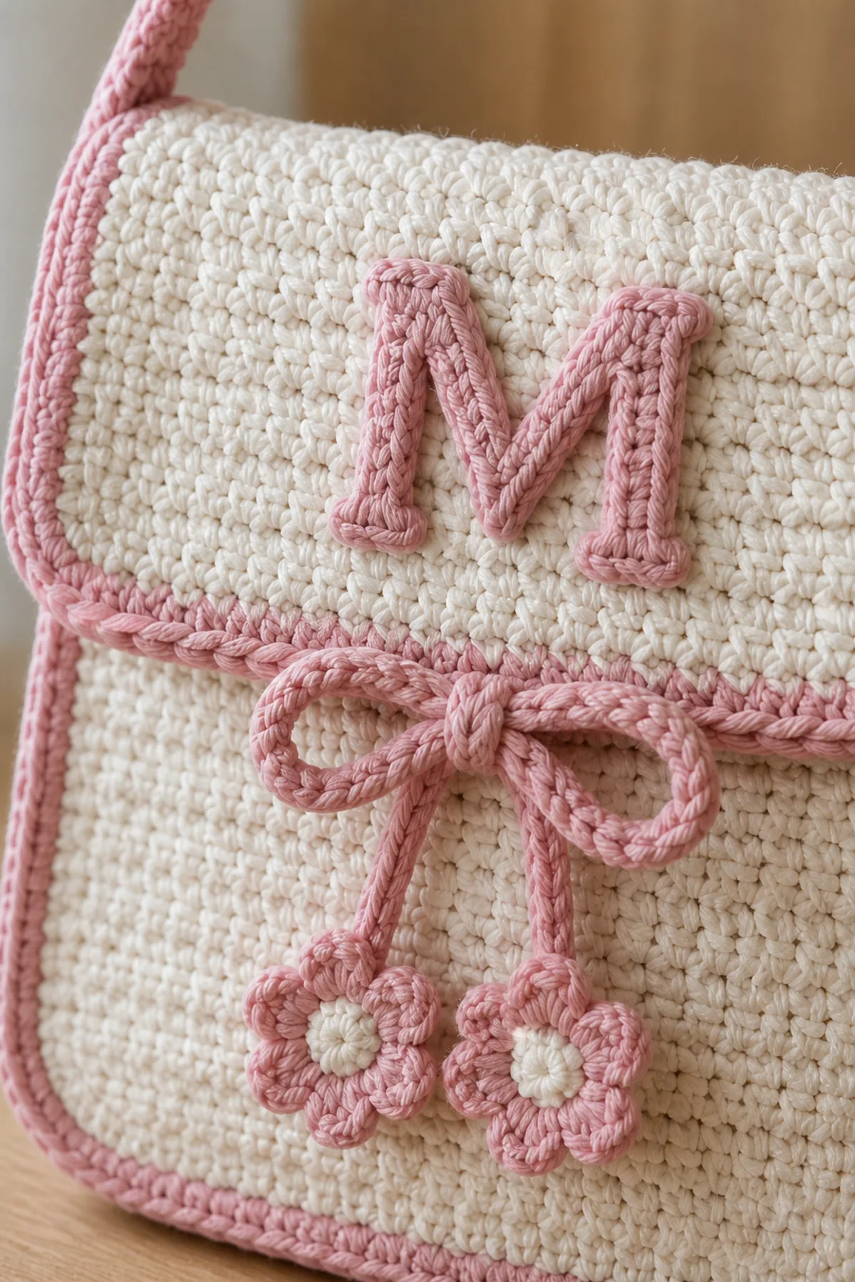 Close-up of the stitch texture and finishing details on personalized monogram crochet mini bag