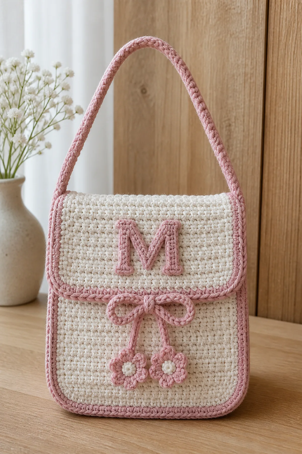 Finished personalized monogram crochet mini bag displayed with a clean handmade finish