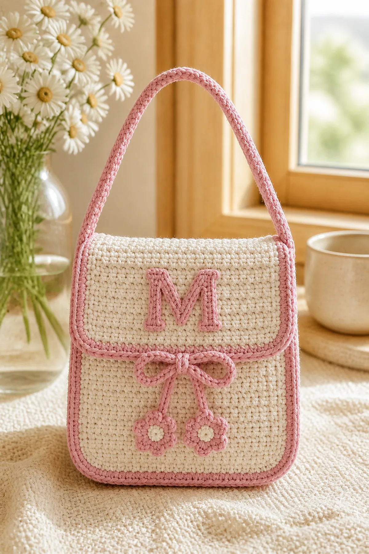 Finished personalized monogram crochet mini bag styled in a bright natural setting