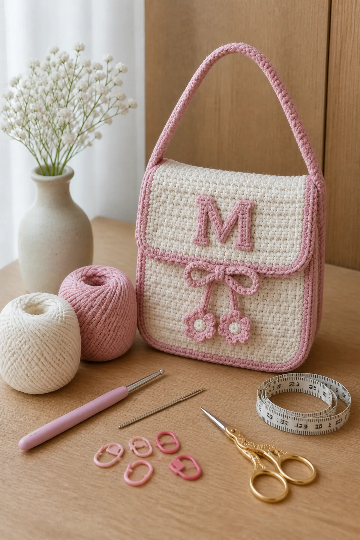 Yarn, crochet hook, stitch markers, yarn needle, tape measure, and scissors for personalized monogram crochet mini bag