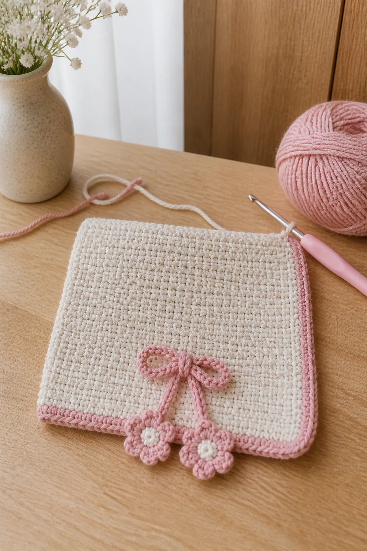 Early crochet construction stage for personalized monogram crochet mini bag with working yarn and hook