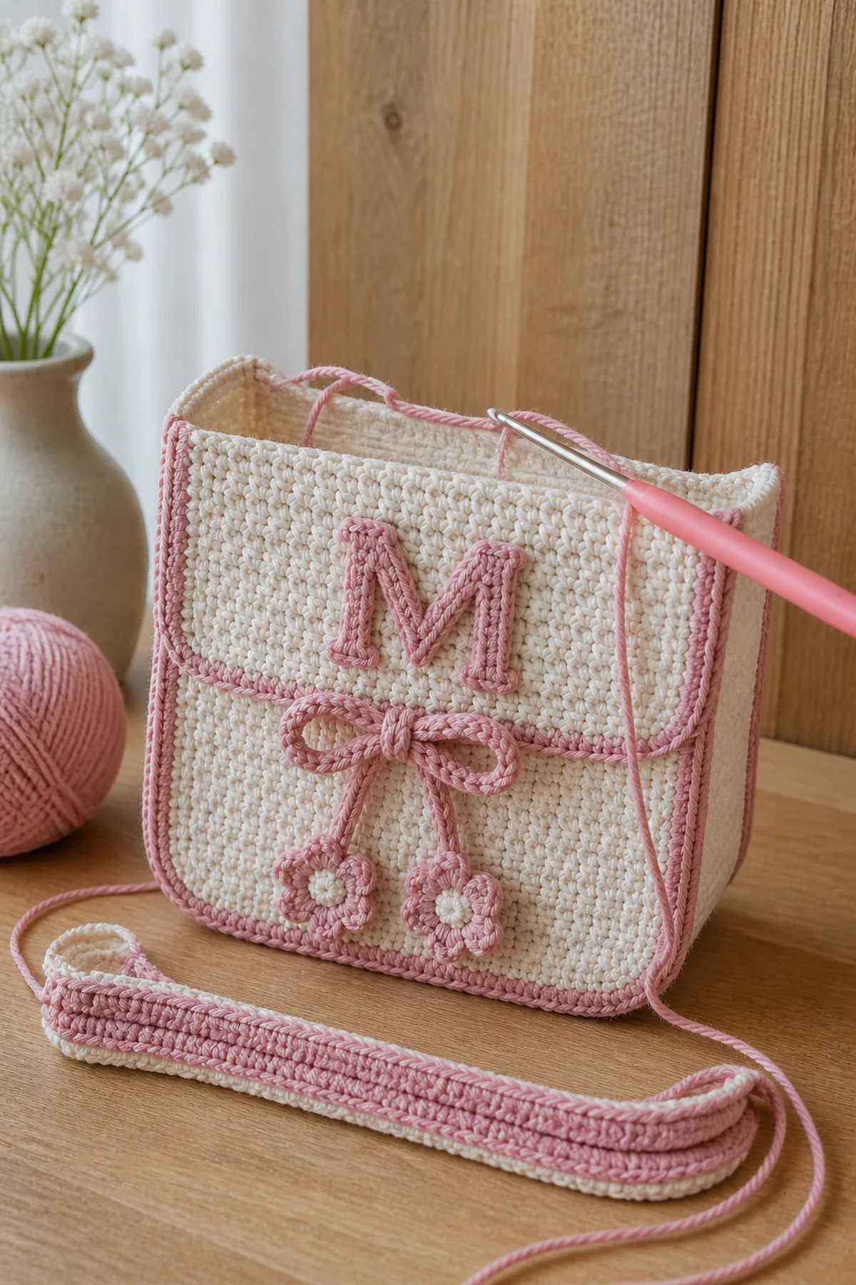 Mid-process crochet construction and shaping for personalized monogram crochet mini bag
