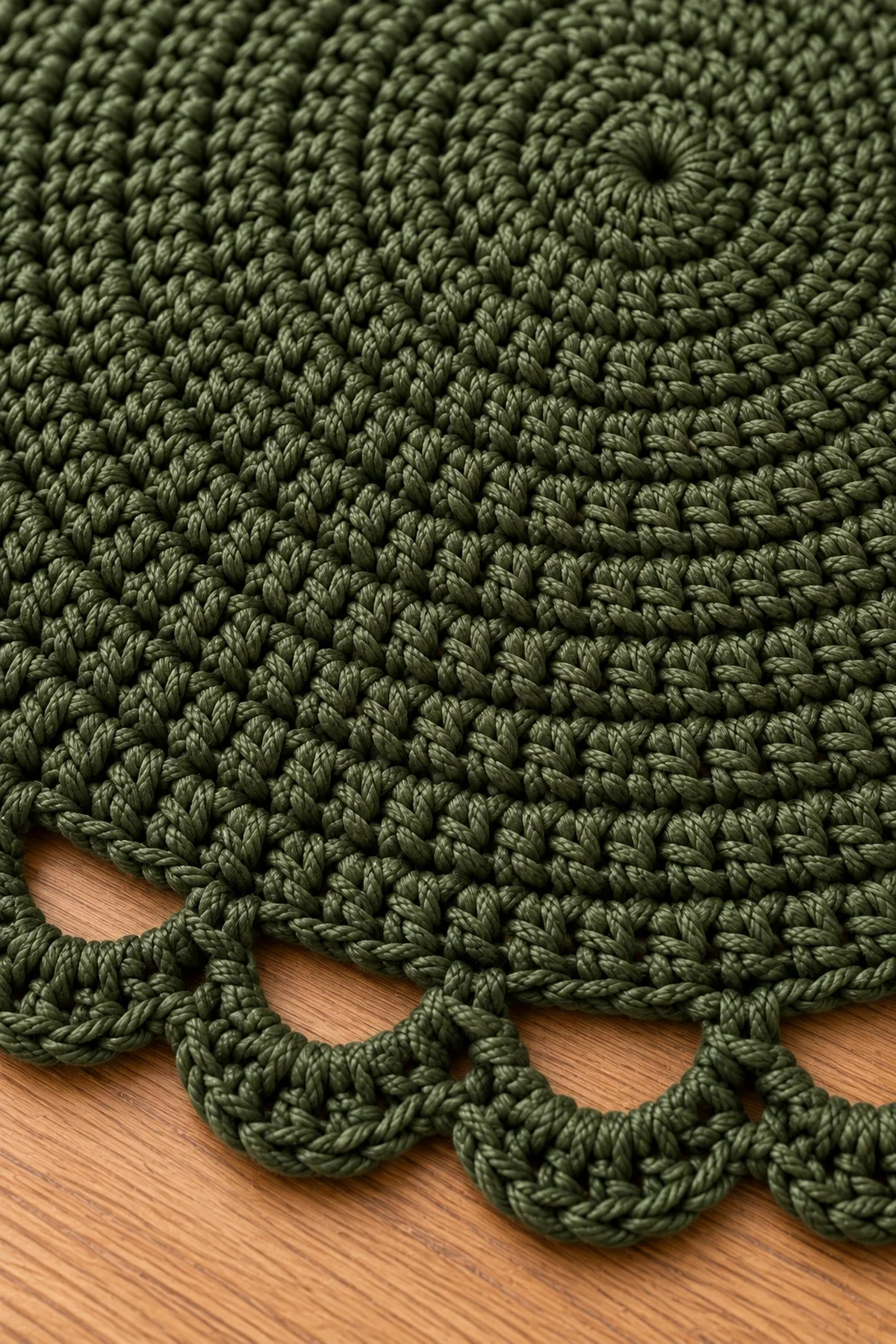 Close-up of dense olive half double crochet texture and clean open scallops