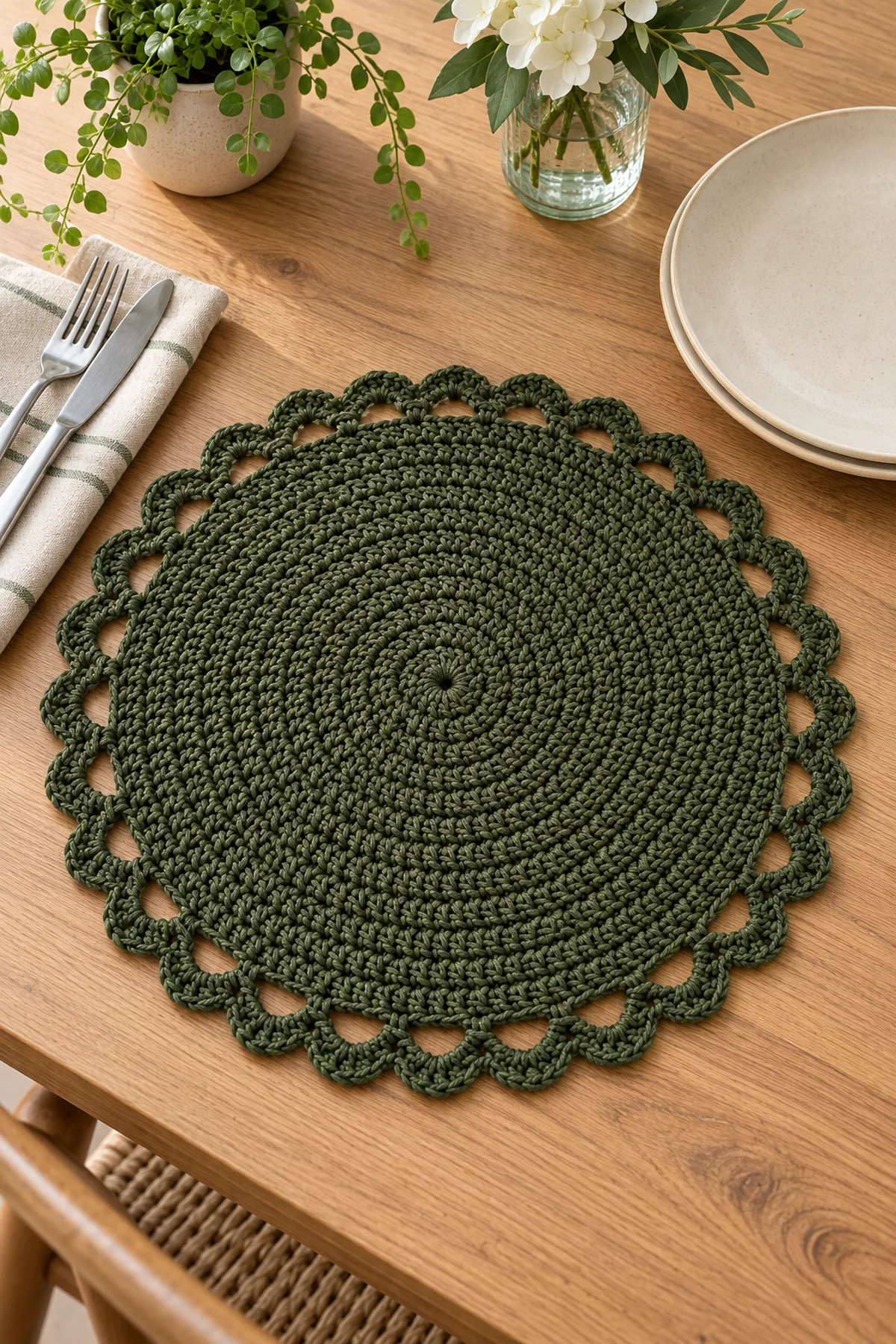 Finished deep olive modern round crochet placemat with open scallop border