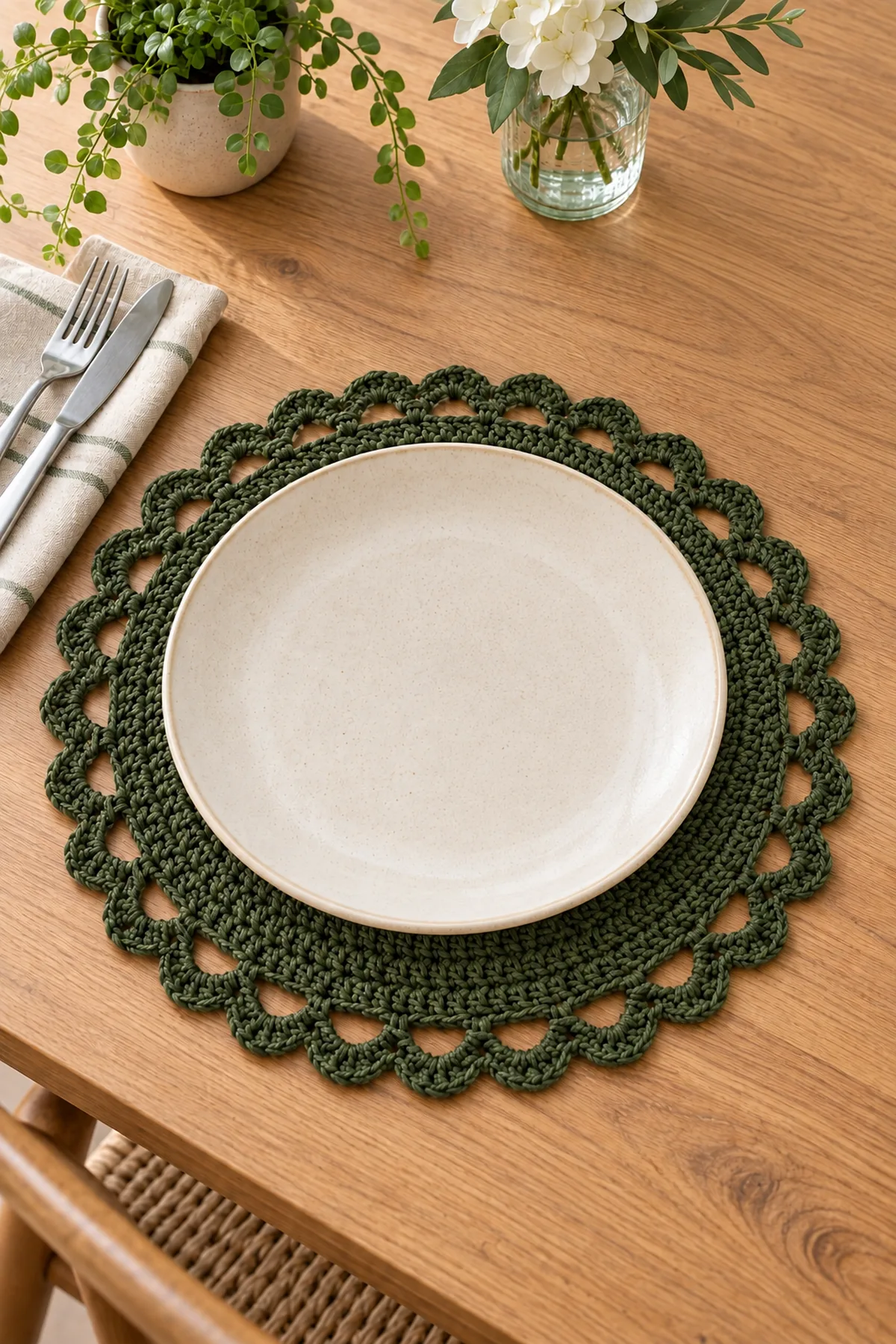 Modern olive round crochet placemat styled beneath a simple cream dinner plate