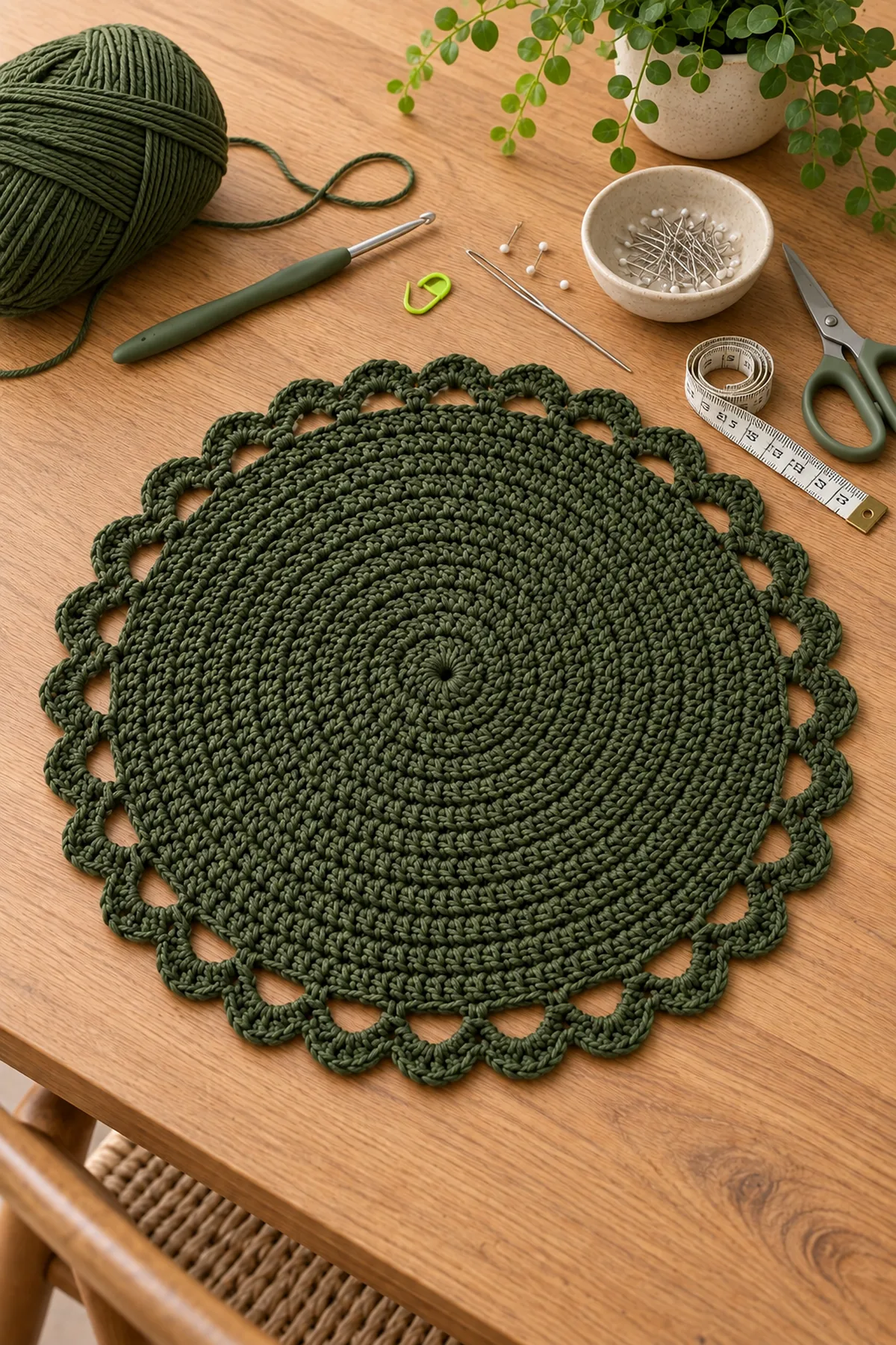 Deep olive cotton yarn crochet hook marker needle scissors tape measure and blocking pins