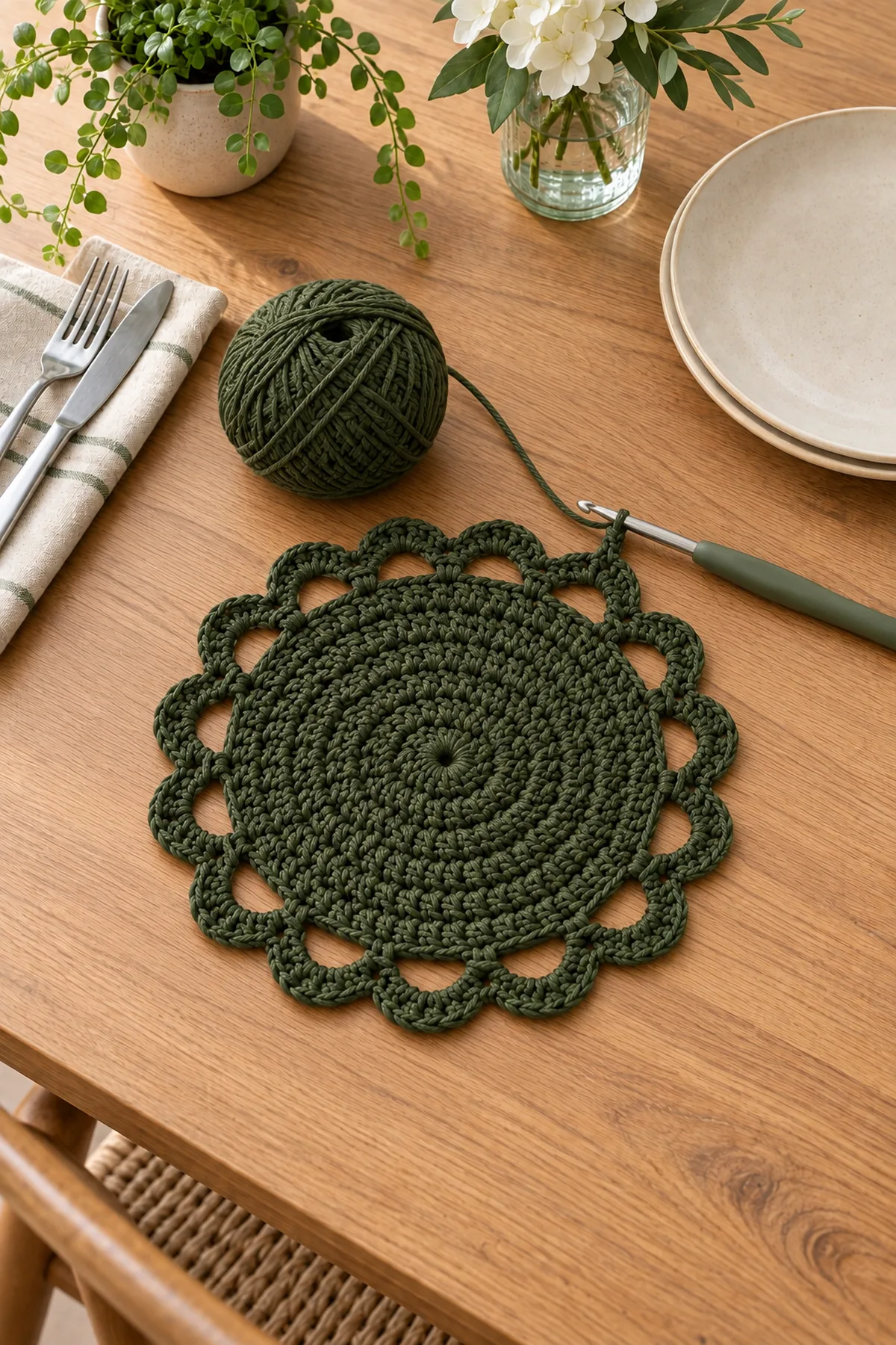 Olive round crochet placemat after the first six joined half double crochet rounds