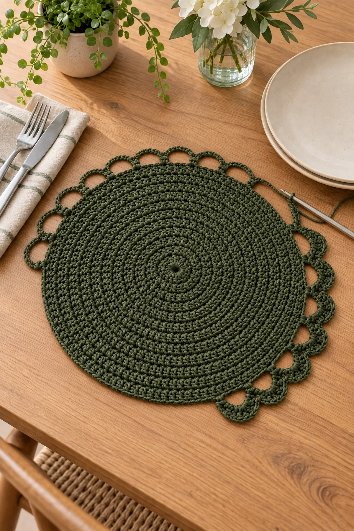Modern round placemat body complete with openwork border setup in progress