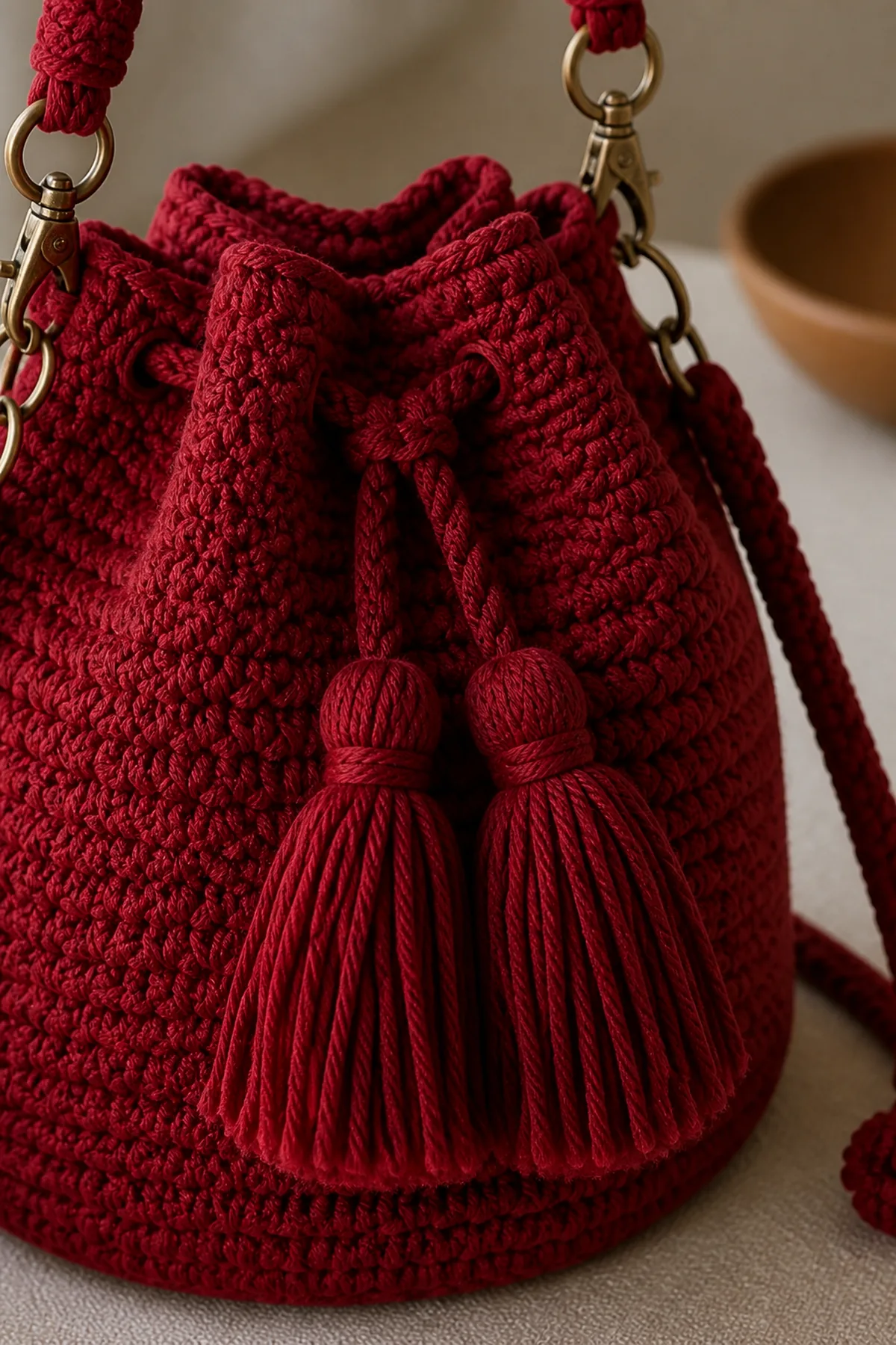 Close-up of the stitch texture and finishing details on ruby red crochet tassel party bag