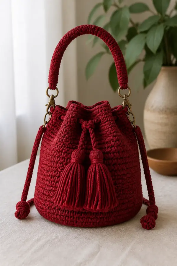 Finished ruby red crochet tassel party bag displayed with a clean handmade finish