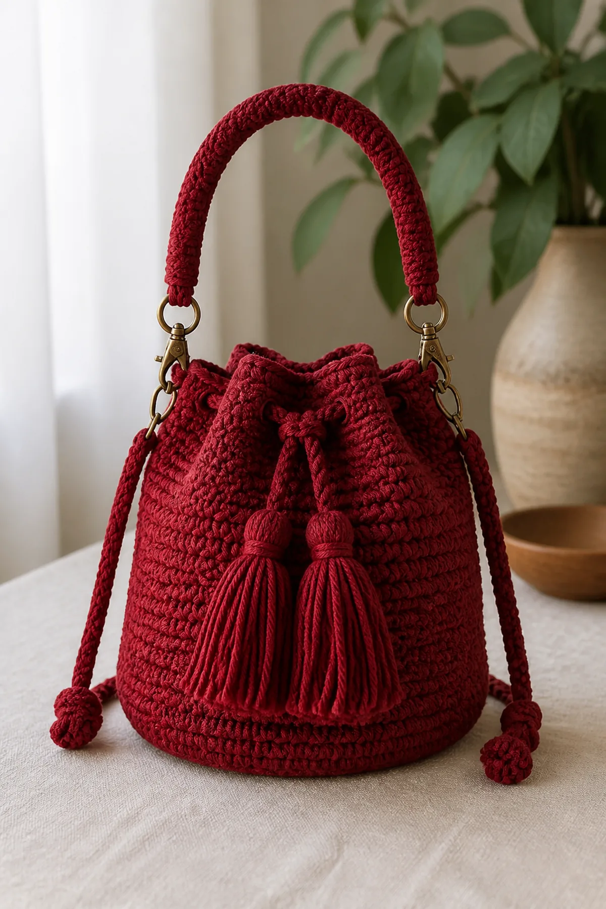Finished ruby red crochet tassel party bag displayed with a clean handmade finish