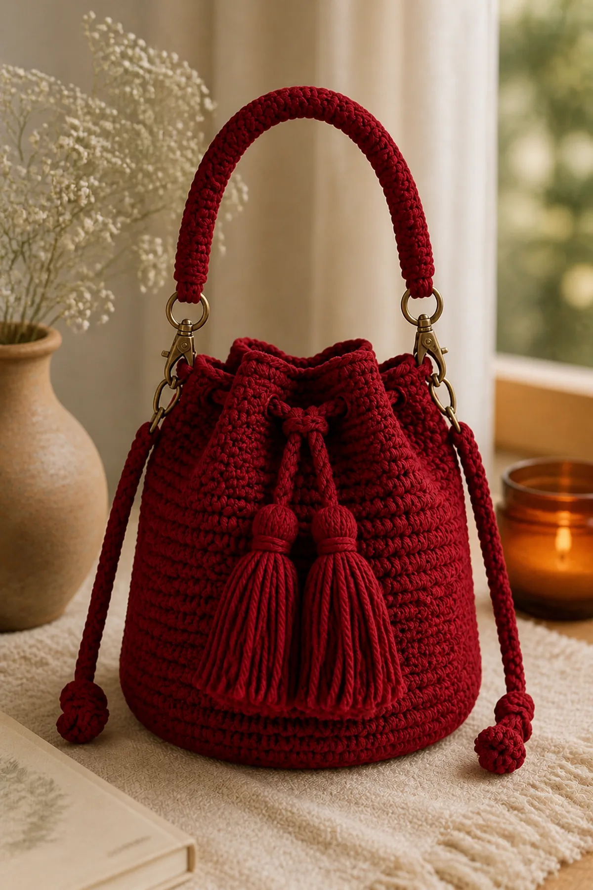 Finished ruby red crochet tassel party bag styled in a bright natural setting