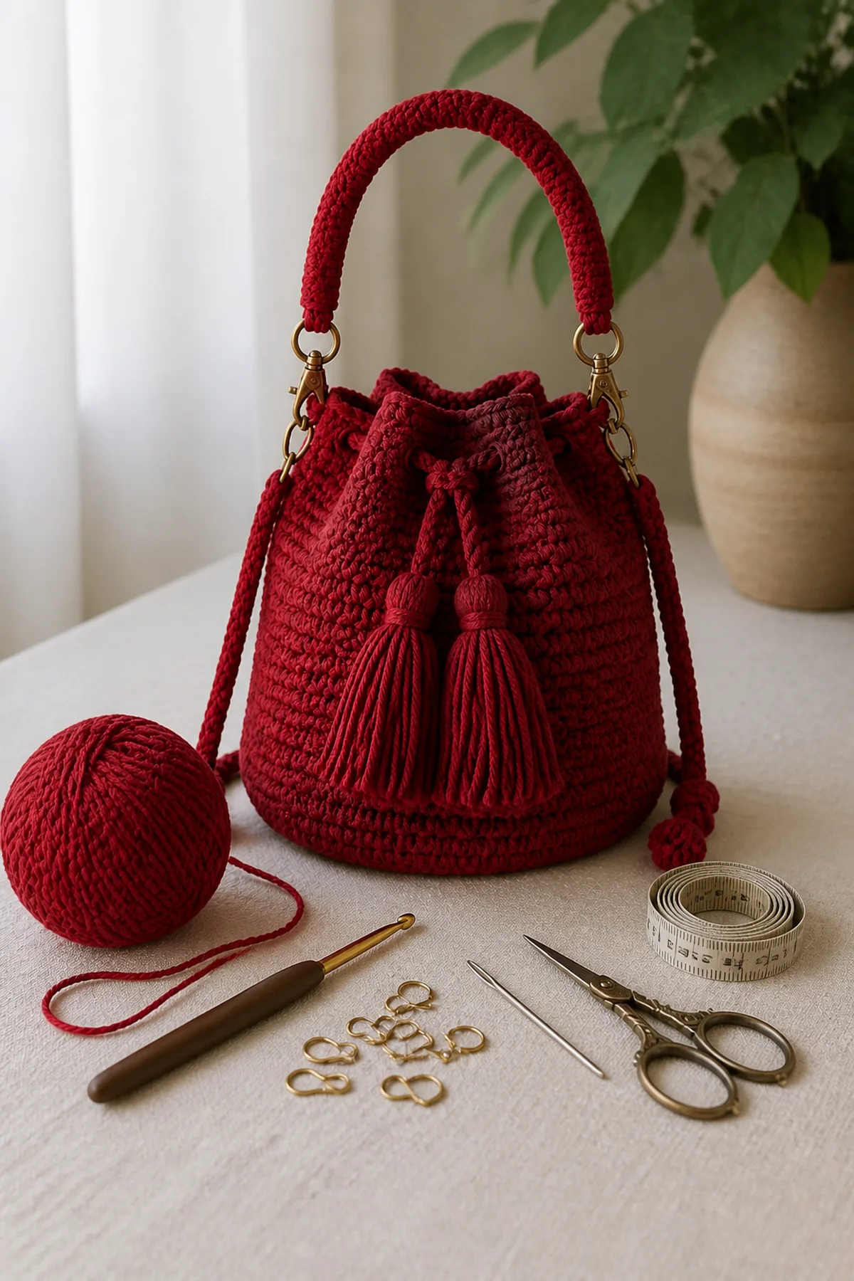 Yarn, crochet hook, stitch markers, yarn needle, tape measure, and scissors for ruby red crochet tassel party bag