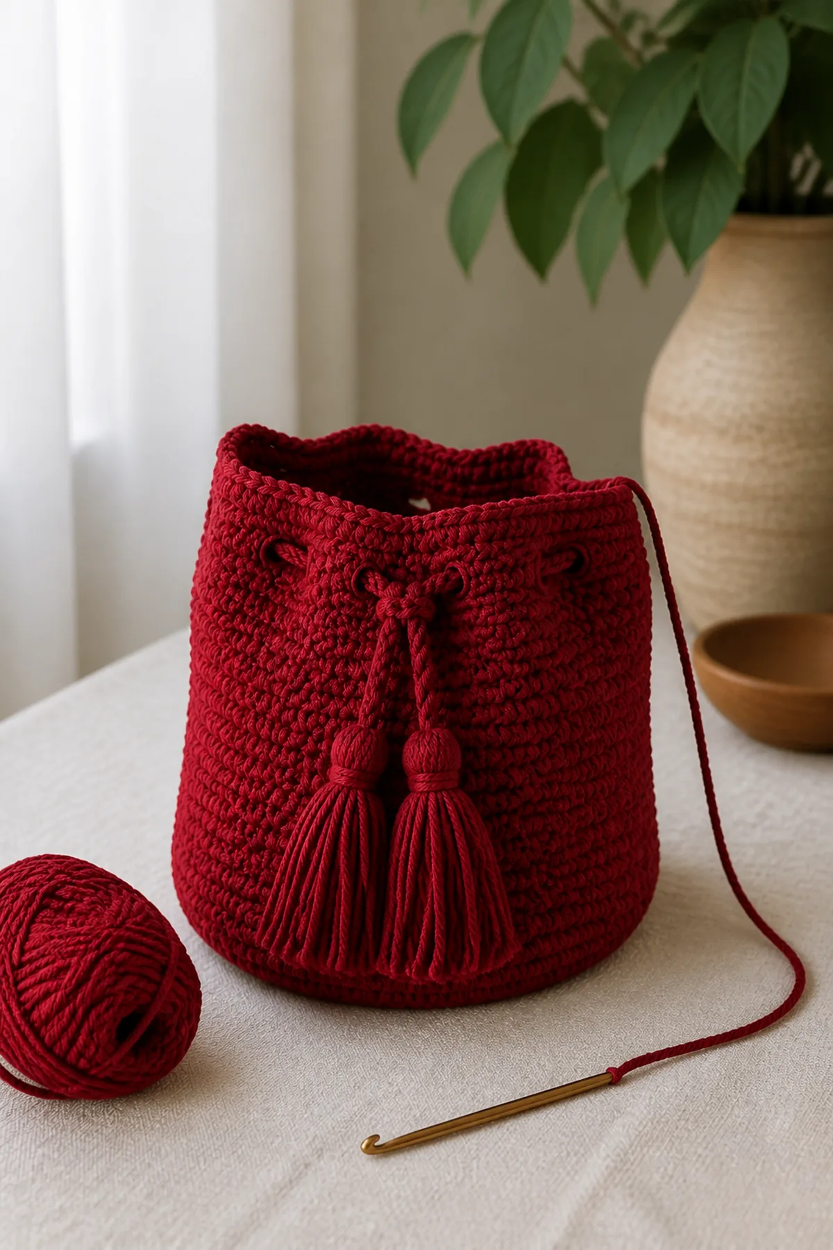 Early crochet construction stage for ruby red crochet tassel party bag with working yarn and hook