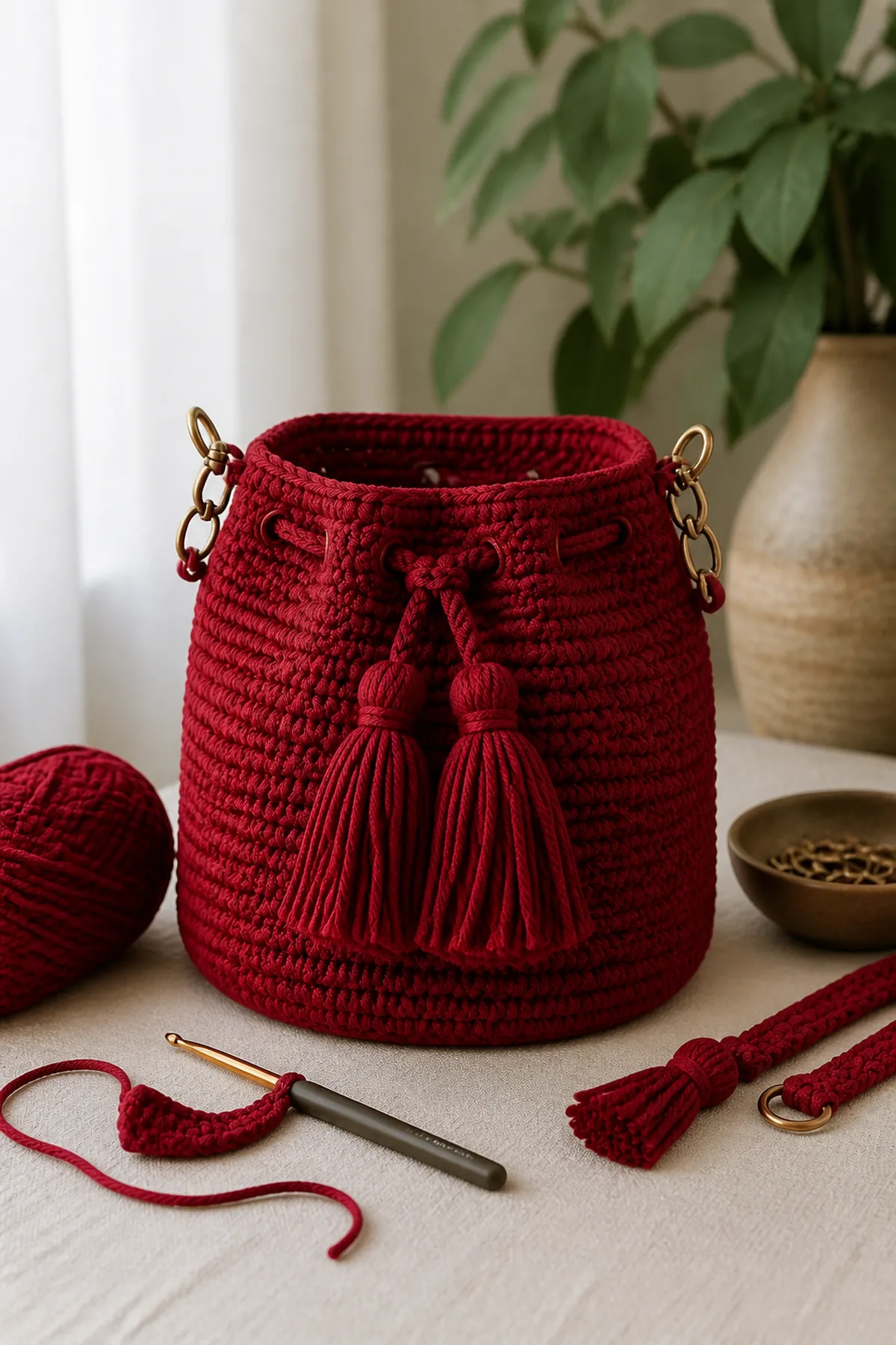 Mid-process crochet construction and shaping for ruby red crochet tassel party bag