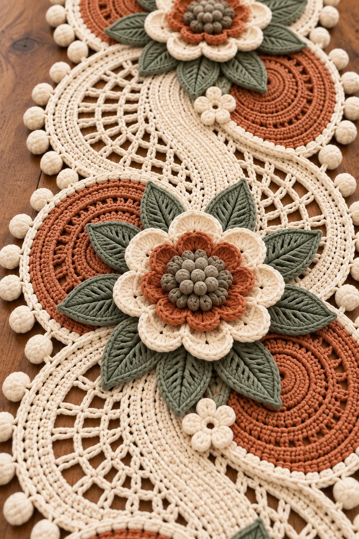 Close-up of rustic layered crochet flower veined sage leaves and bobble edge