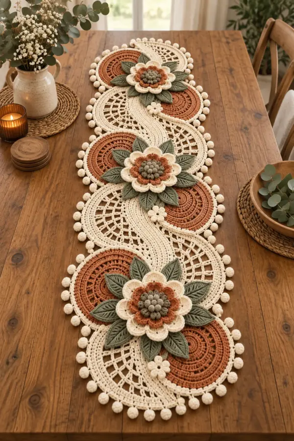 Finished rustic floral crochet table runner with terracotta cream medallions flowers and sage leaves