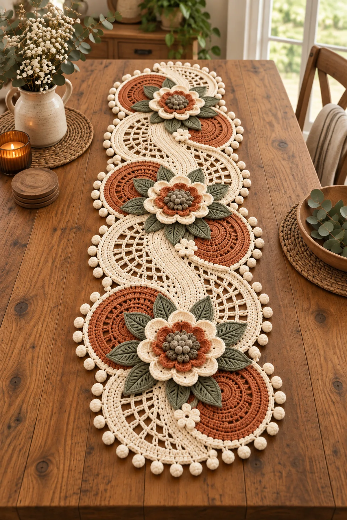 Rustic floral crochet table runner styled on a warm farmhouse dining table